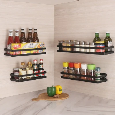 Scaffale da cucina Scaffale da parete Organizzatore di stoccaggio Scaffale per spezie Scaffale per riporre oggetti senza punch Guardrail argento Bl17394